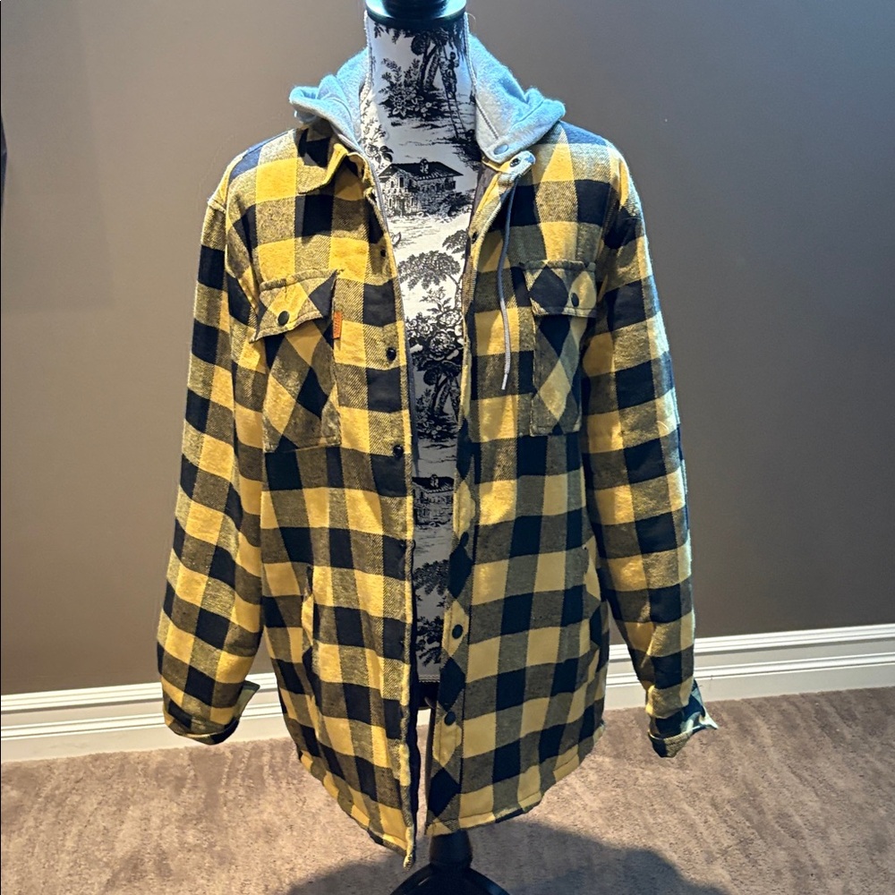 Unisex Yellow & Black Plaid Hooded Shacket